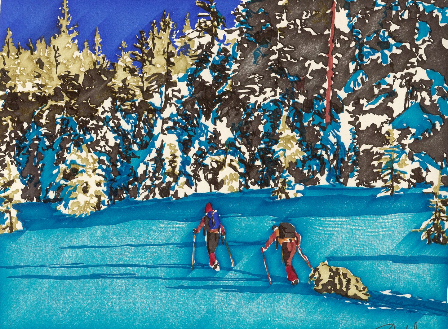 Computer art print of Skiing for the Christmas Tree, created in 1983 with an HP computer and pen plotter.