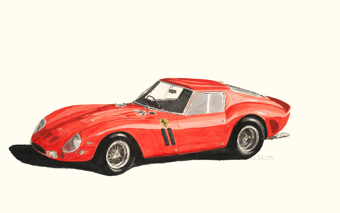 Watercolor painting of a red 1963 Ferrari 250 GTO, featuring racing details, side vents, and iconic Italian sports car styling.