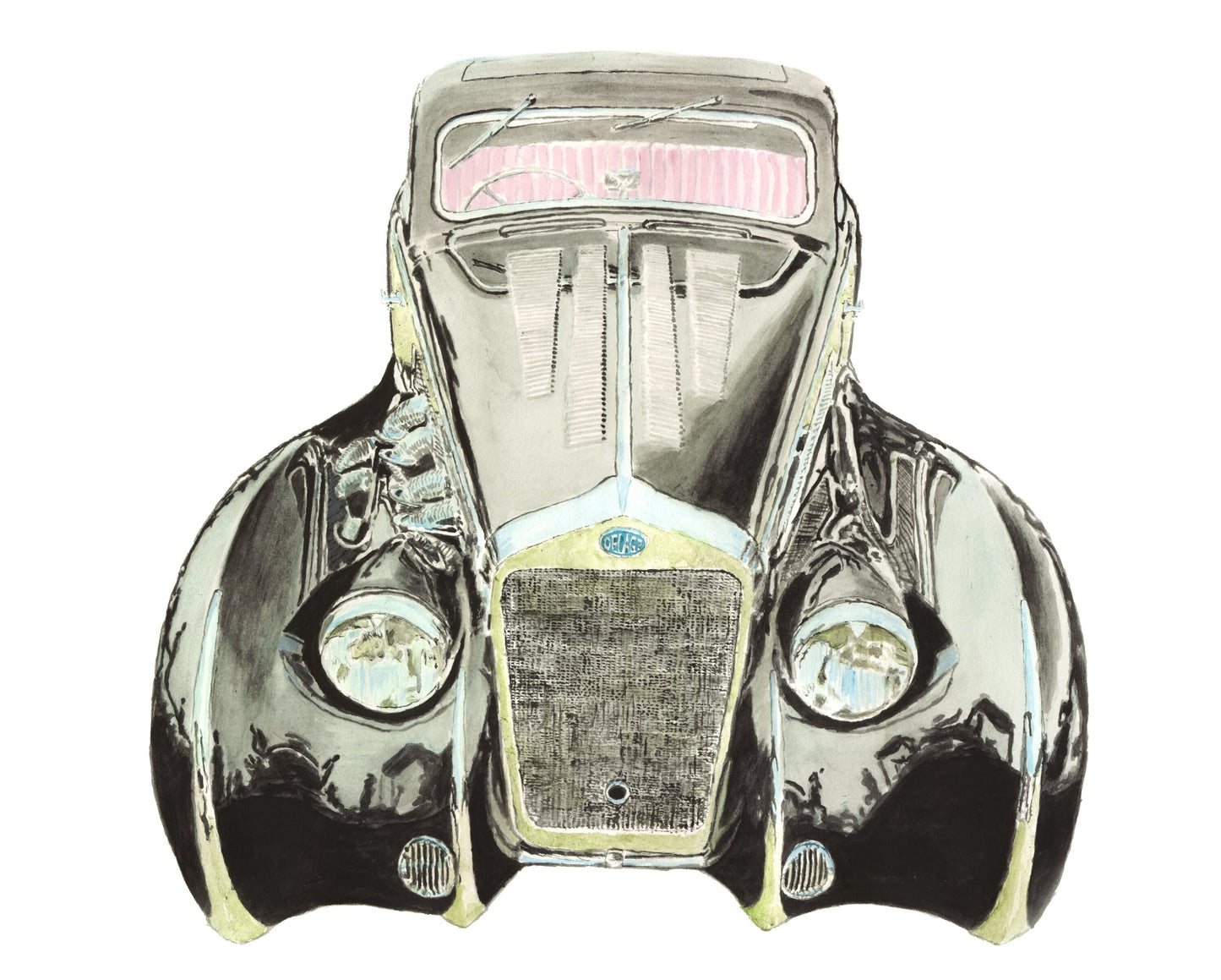 Watercolor painting of a black 1937 Delage D8-120 Aerosport Coupe by Letourneur et Marchand, shown from the front with dramatic prewar coachwork.