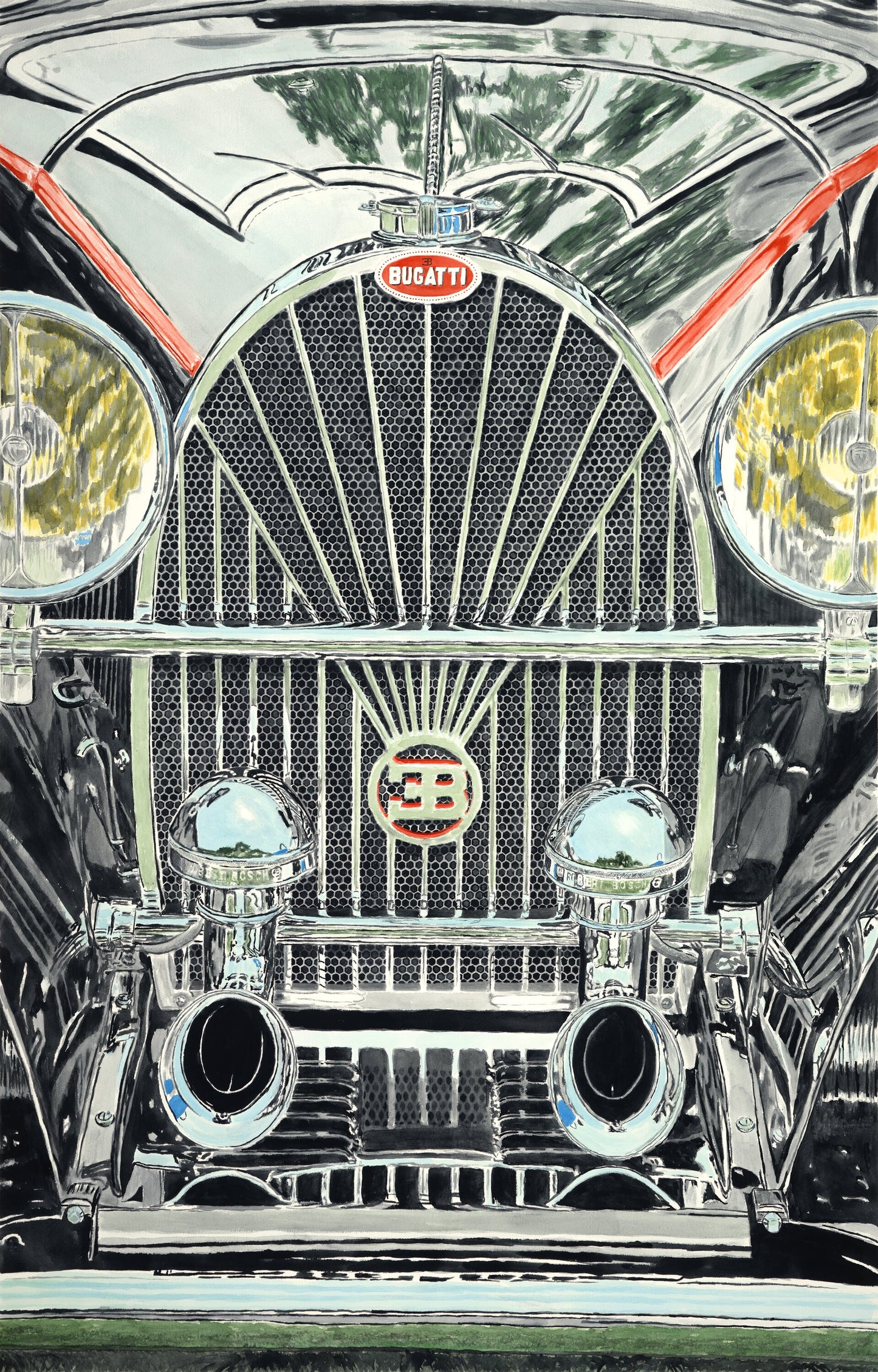 Close-up watercolor painting of a Bugatti Type 57 SC grille, headlights, chrome details, and hood ornament.