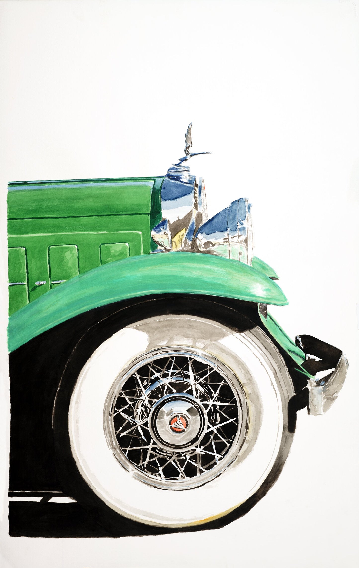 Watercolor painting of a green Cadillac V-16 detail, featuring the front fender, whitewall tire, wire wheel, and hood ornament.