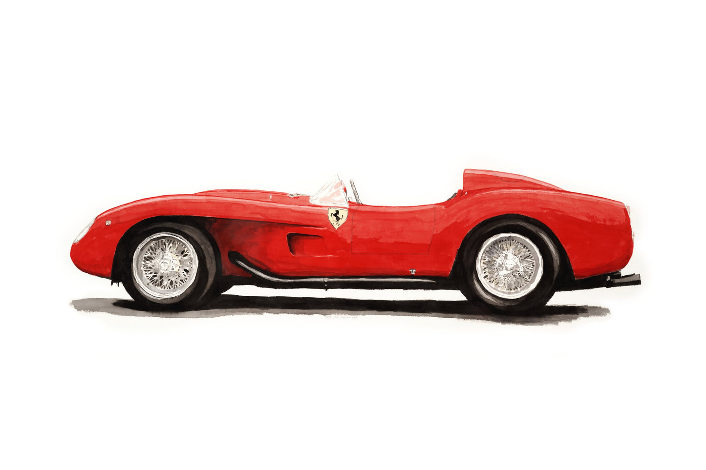 Watercolor painting of a red Ferrari 250 Testa Rossa, shown in side profile with wire wheels, open cockpit, side exhaust, and classic 1950s Italian racing form.