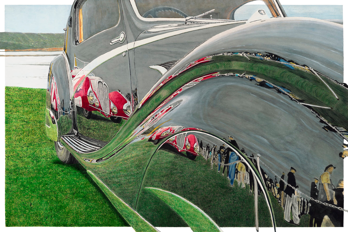 Watercolor painting of a black Delahaye reflected in polished bodywork, highlighting flowing French coachwork, chrome, and layered reflections.