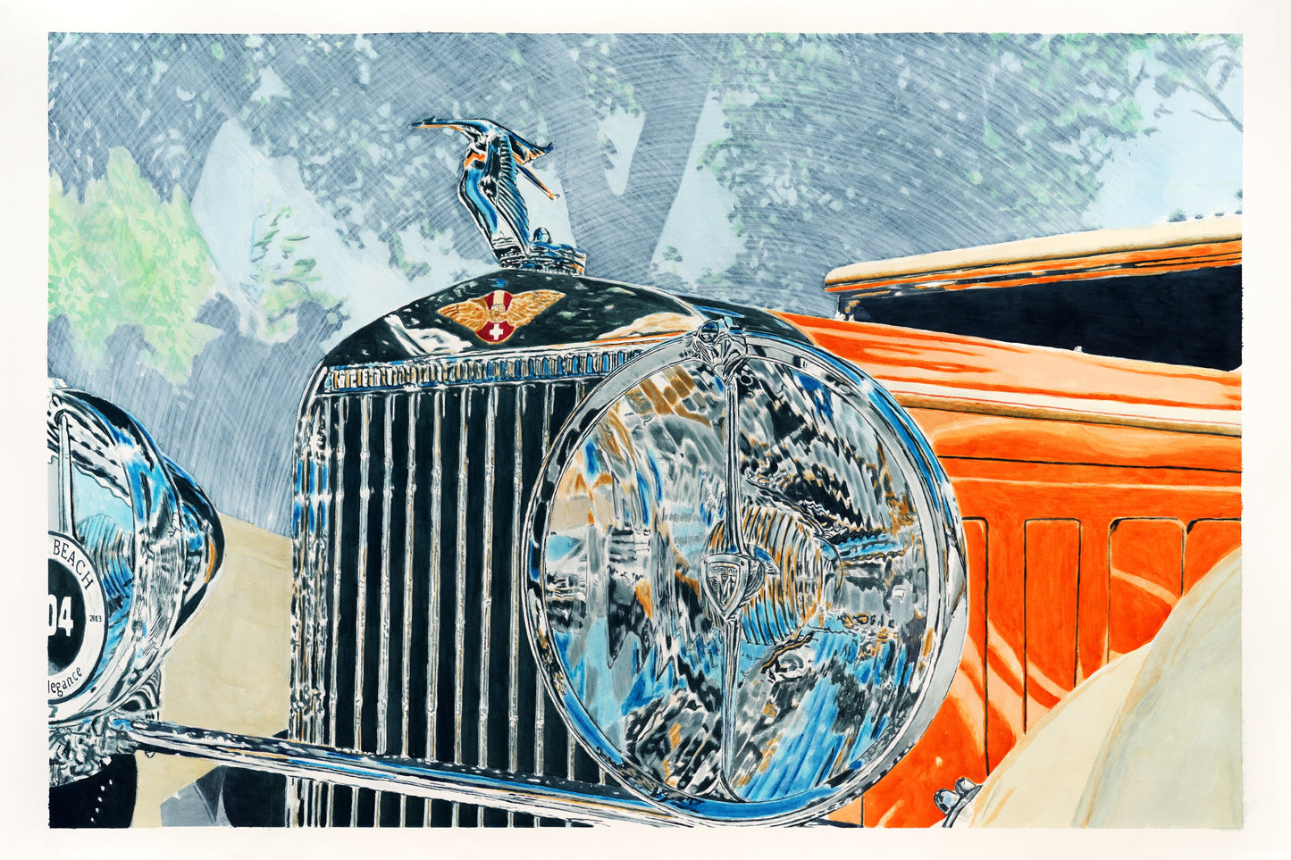 Close-up watercolor painting of a 1934 Hispano-Suiza J12 Vanvooren Cabriolet grille, headlight, hood ornament, and chrome reflections.