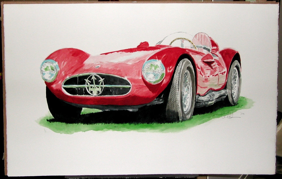 Watercolor painting of a red Maserati Tipo 61 Birdcage race car, shown in side profile with wire wheels and sports-racing bodywork.