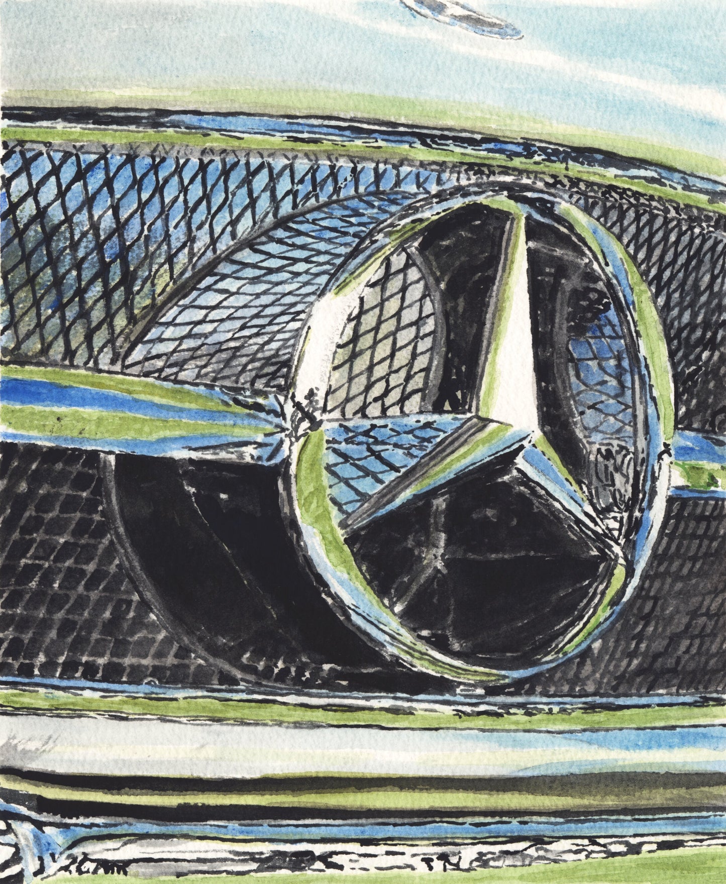 Close-up watercolor painting of a Mercedes-Benz grille and three-pointed star emblem with chrome reflections and mesh detail.