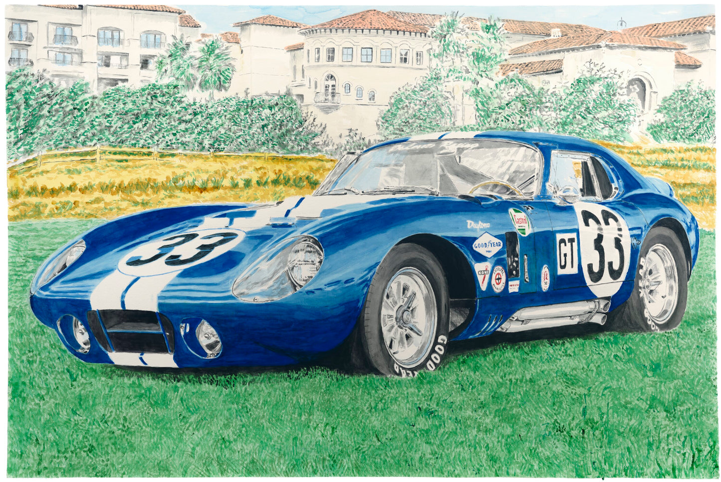 Watercolor painting of a blue Shelby Daytona Coupe on the lawn at the Dana Point Concours d’Elegance, shown with racing number 33 and white striping.