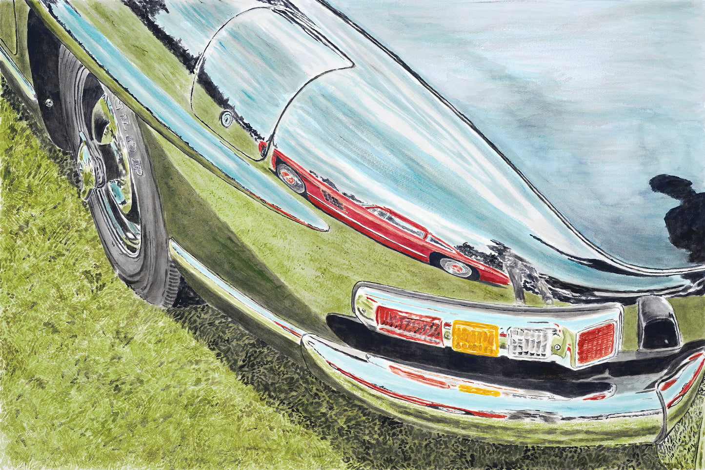 Watercolor painting of a Mercedes-Benz 300 SL Gullwing reflected in a 300 SL Roadster.