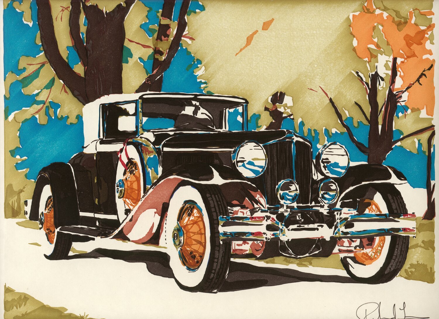 Computer art print of 1930's Cord, created in 1983 with an HP computer and pen plotter.