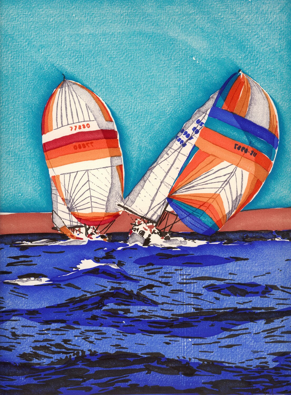 Computer art print of 2 Sailboats, created in 1983 with an HP computer and pen plotter.