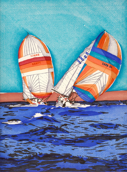 Computer art print of 2 Sailboats, created in 1983 with an HP computer and pen plotter.