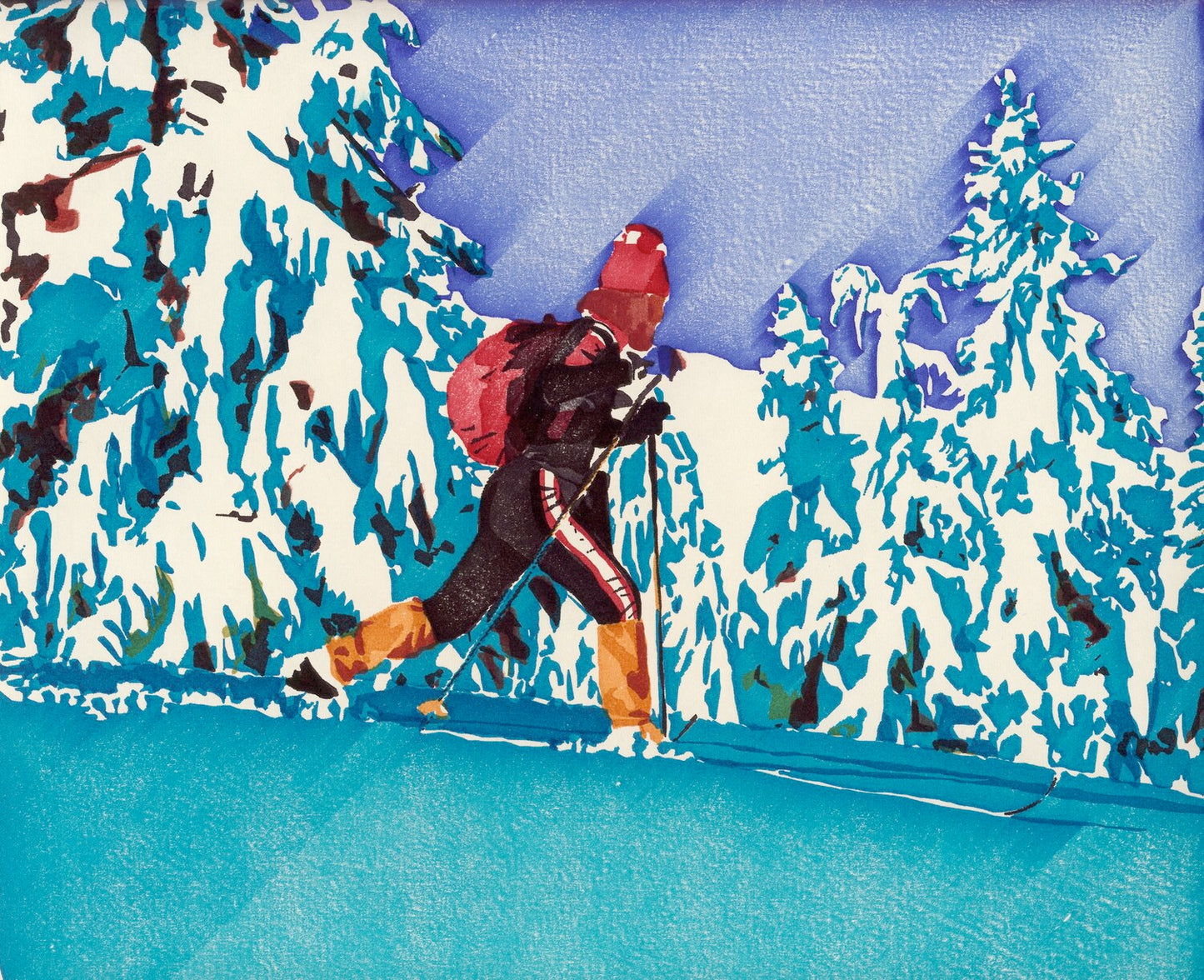 Computer art print of Cross Country Skier, created in 1983 with an HP computer and pen plotter.