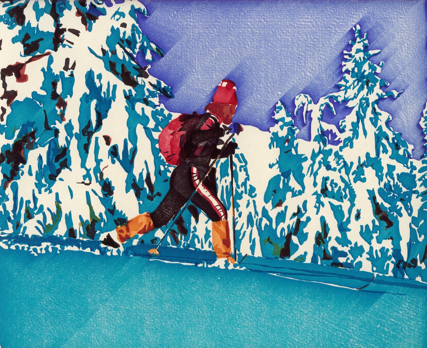 Computer art print of Cross Country Skier, created in 1983 with an HP computer and pen plotter.