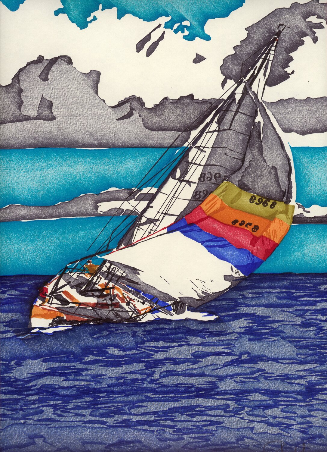 Computer art print of Sailing 1, created in 1983 with an HP computer and pen plotter.