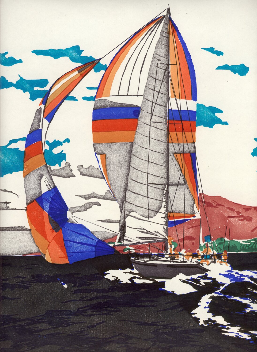 Computer art print of Sailing 3, created in 1983 with an HP computer and pen plotter.