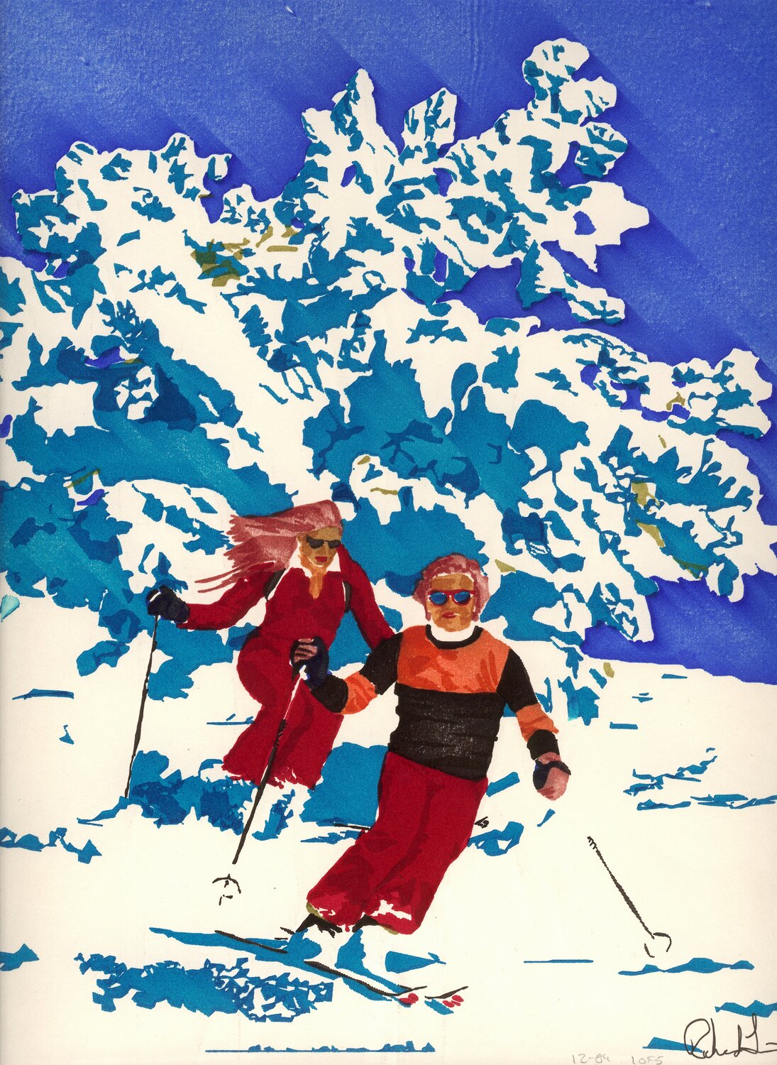 Computer art print of Skiers, created in 1983 with an HP computer and pen plotter.