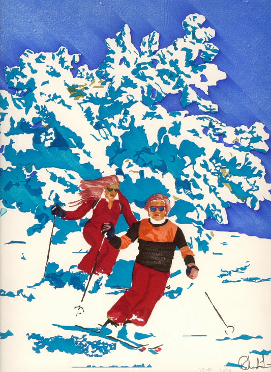 Computer art print of Skiers, created in 1983 with an HP computer and pen plotter.