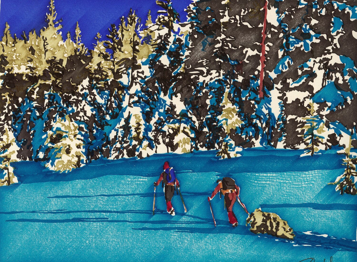 Computer art print of Skiing for the Christmas Tree, created in 1983 with an HP computer and pen plotter.