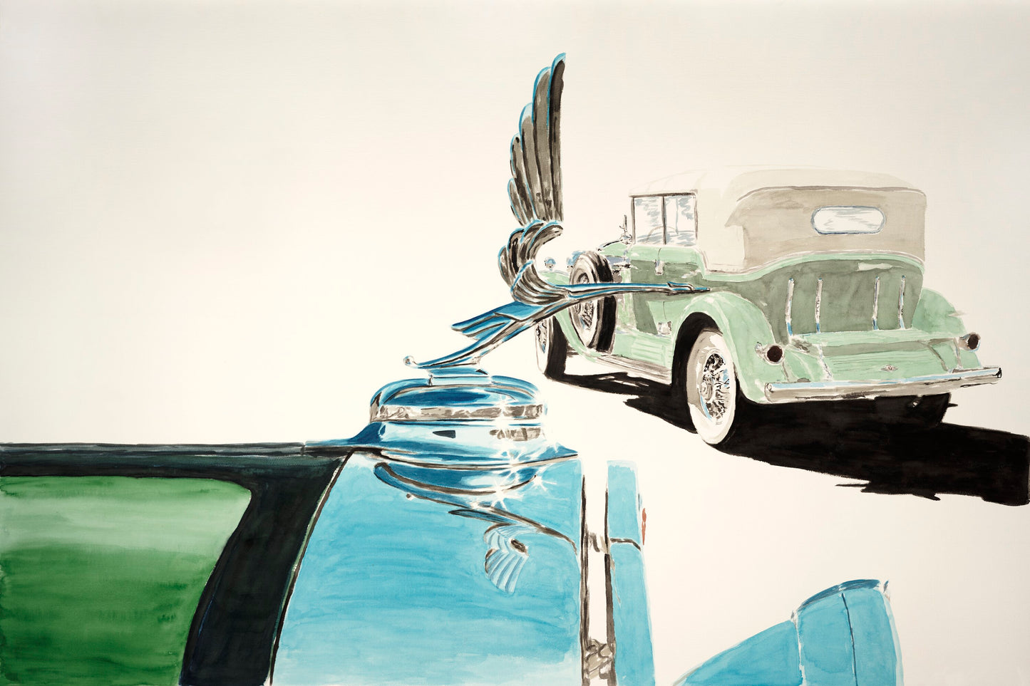 Watercolor painting of a 1931 Cadillac V-16 Fleetwood all-weather phaeton, featuring the hood ornament, chrome reflections, and early luxury car design.