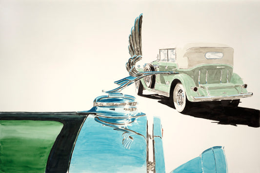 Watercolor painting of a 1931 Cadillac V-16 Fleetwood all-weather phaeton, featuring the hood ornament, chrome reflections, and early luxury car design.