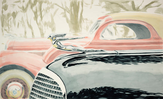 Watercolor painting of a hood ornament on a 1937 Cadillac, with the softly rendered classic car body in the background.