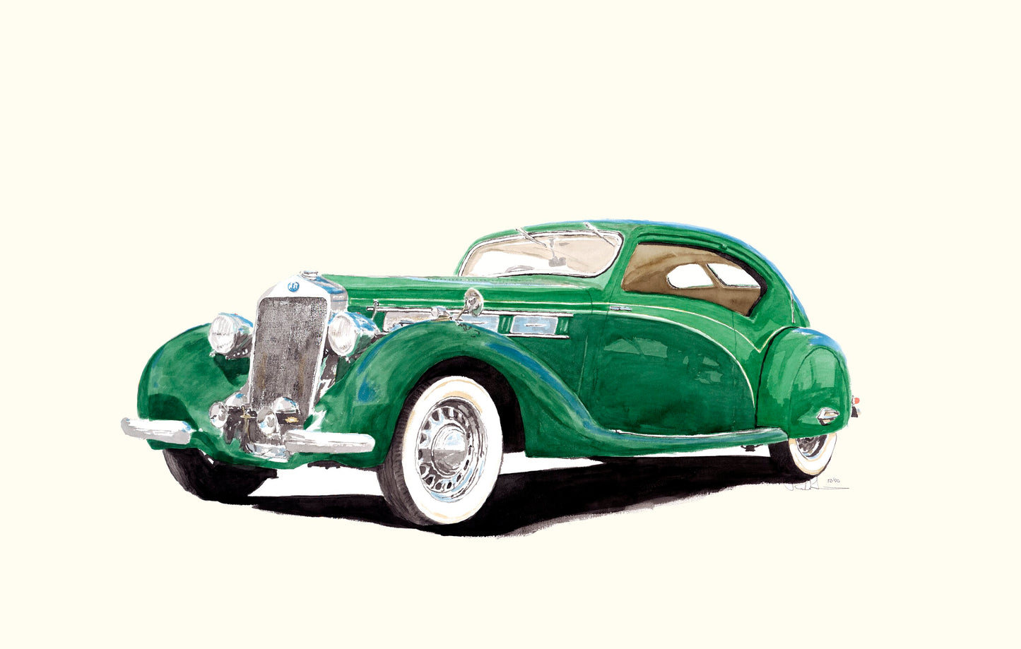 Watercolor painting of a green 1939 Delage D8-120 Aerosport Coupe, a French prewar automobile associated with the 1939 New York World’s Fair.
