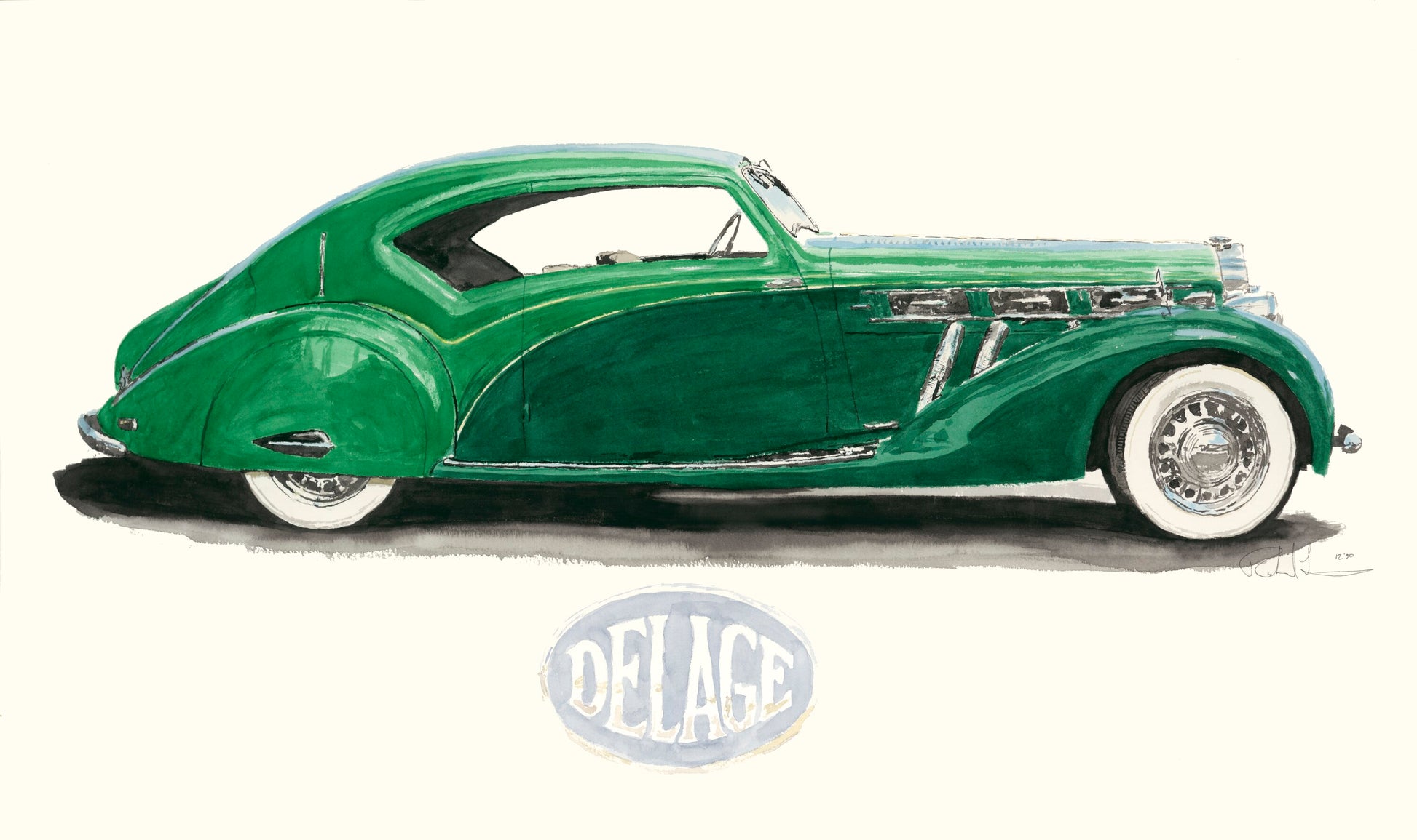 Side-profile watercolor painting of a green 1939 Delage D8-120 Aerosport Coupe, featuring flowing fenders, whitewall tires, and French prewar styling.