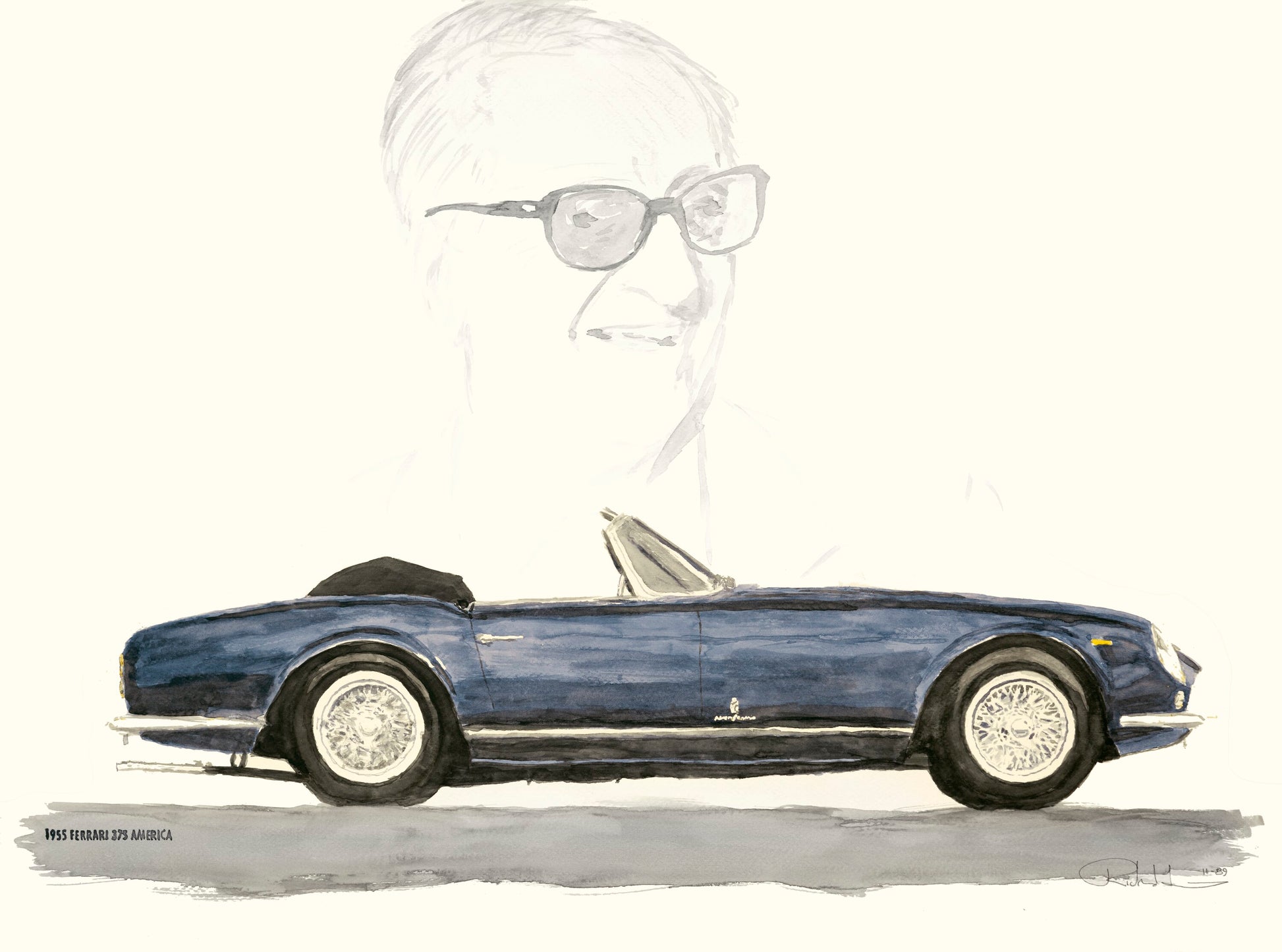 Watercolor painting of a blue 1955 Ferrari 375 America, shown in side profile with Enzo Ferrari softly rendered in the background.