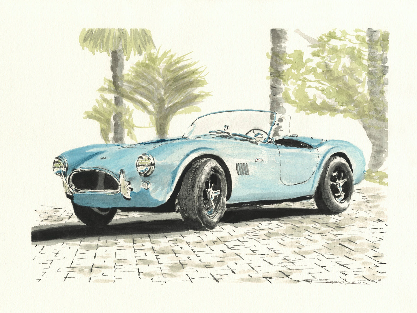 Watercolor painting of an AC Cobra 289 roadster, shown in light blue beneath palm trees with classic sports car details.