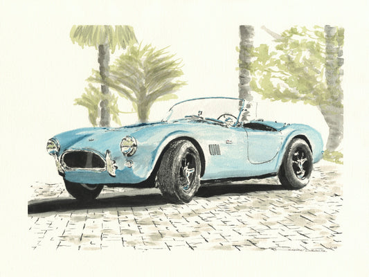 Watercolor painting of an AC Cobra 289 roadster, shown in light blue beneath palm trees with classic sports car details.