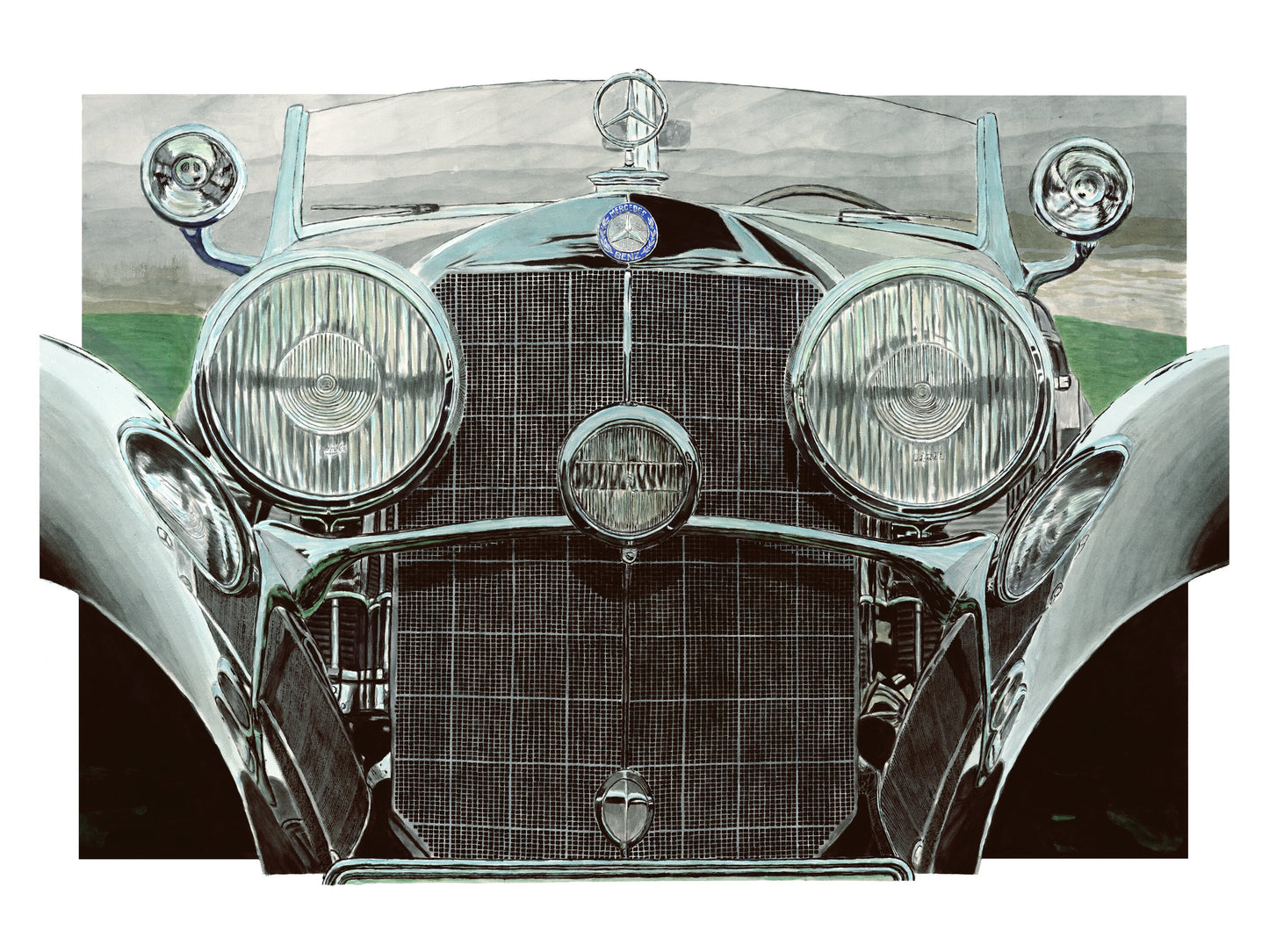 Close-up watercolor painting of a 1937 Mercedes-Benz 540 K Special Roadster grille, headlights, hood ornament, and chrome details.
