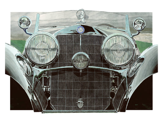 Close-up watercolor painting of a 1937 Mercedes-Benz 540 K Special Roadster grille, headlights, hood ornament, and chrome details.