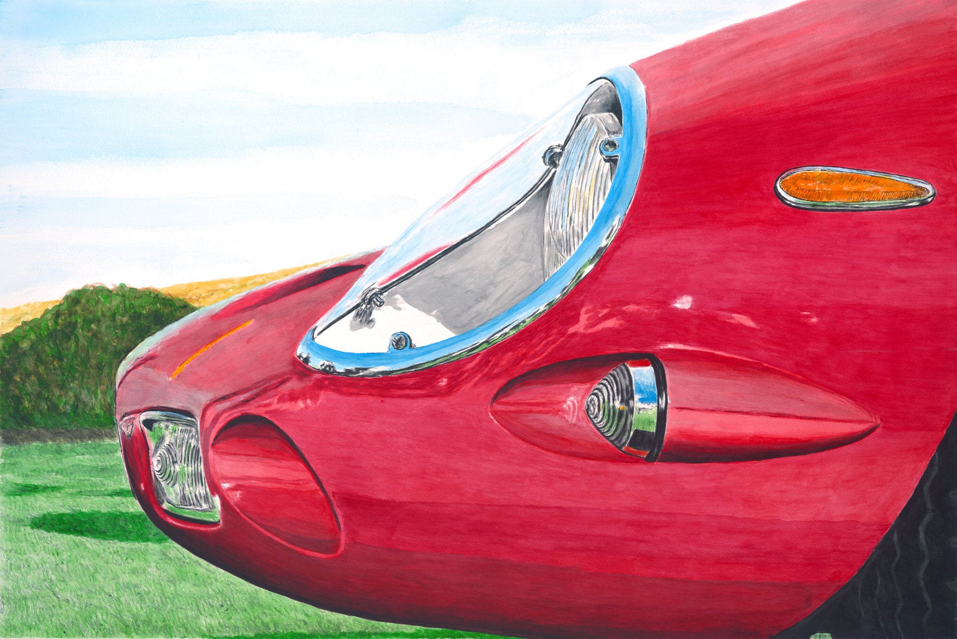 Close-up watercolor painting of a red 1963 Ferrari 250 GTO, highlighting the headlight, fender, reflections, and sculptural bodywork.