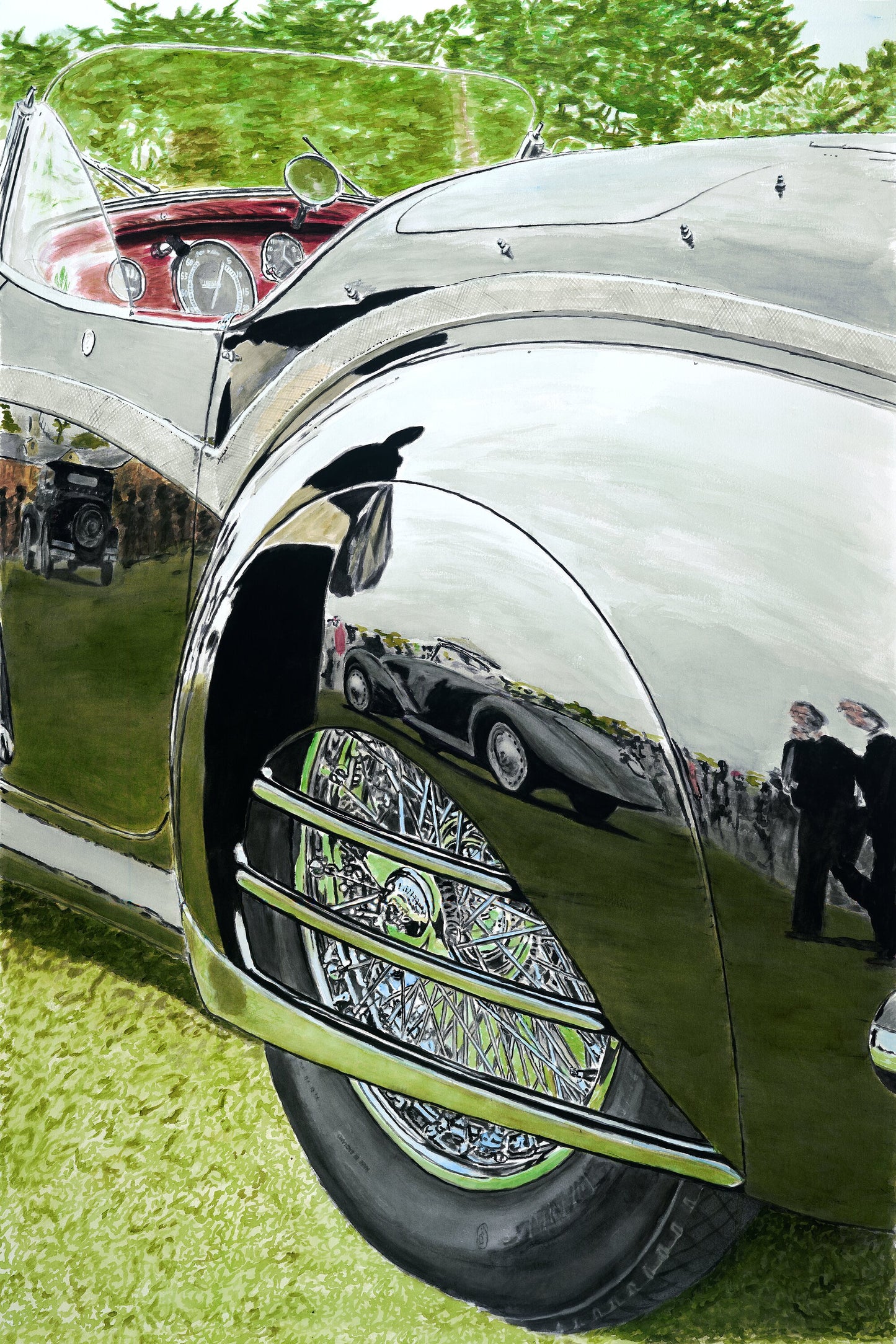 Watercolor painting of an Alfa Romeo 8C reflected in a 1937 Alfa Romeo 8C 2900B Touring Spider, part of Richard Lewis’s Fraternal Series.