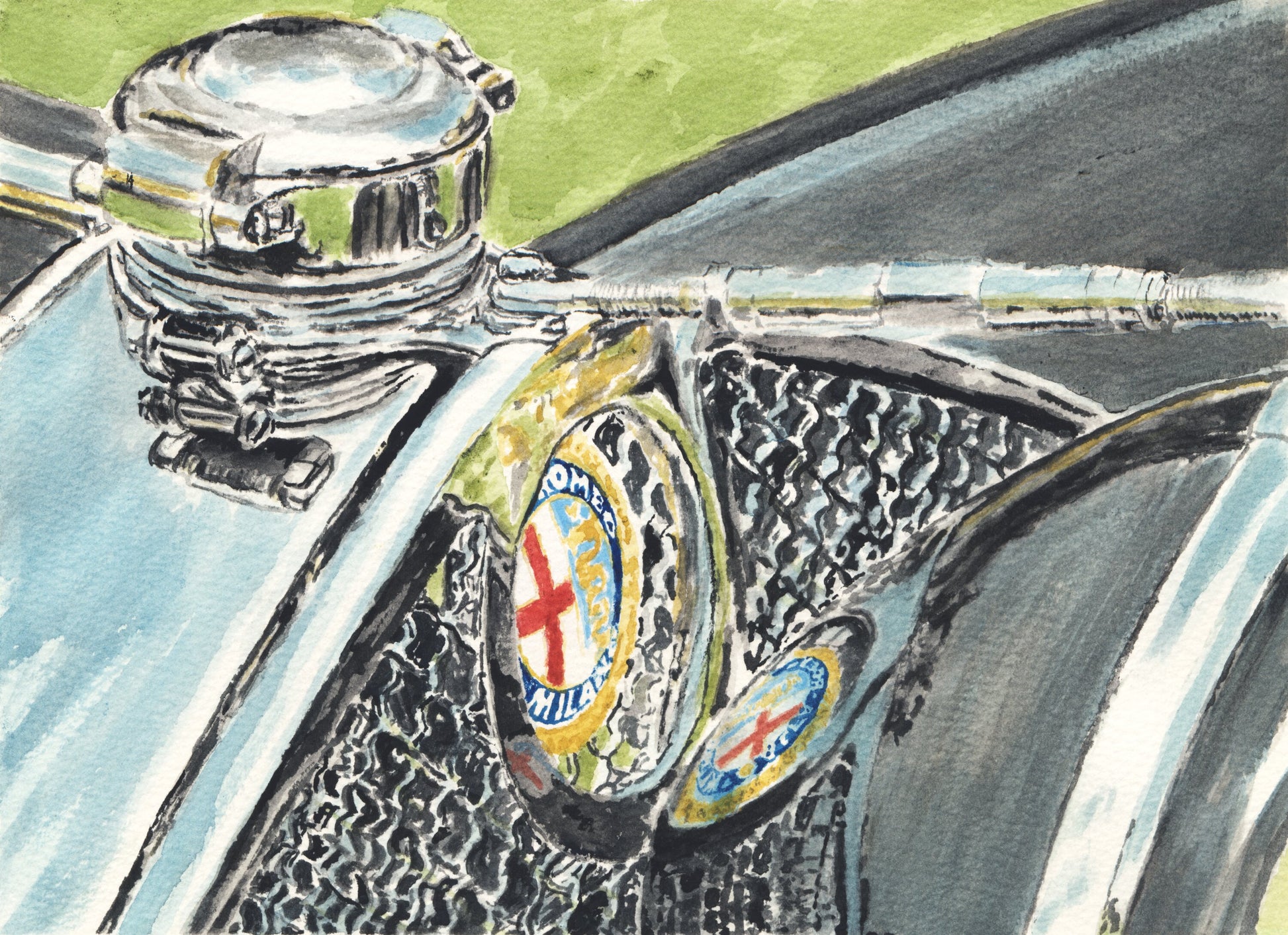 Close-up watercolor painting of an Alfa Romeo grille and badge, featuring chrome reflections, mesh detail, and classic Italian automotive styling.