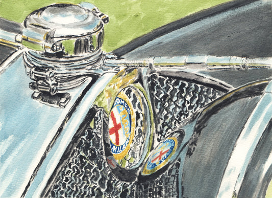 Close-up watercolor painting of an Alfa Romeo grille and badge, featuring chrome reflections, mesh detail, and classic Italian automotive styling.