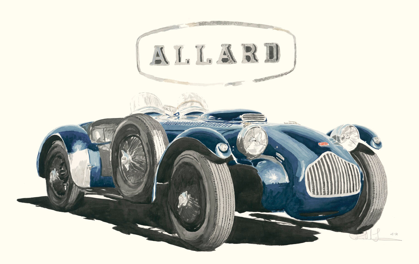 Watercolor painting of a blue Allard J2 roadster, shown with its open cockpit, exposed wheels, spare tire, and vintage British racing character.