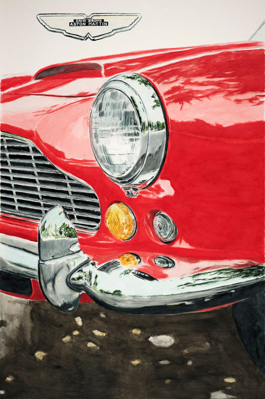 Close-up watercolor painting of a red Aston Martin DB4 Convertible, highlighting the headlight, grille, chrome bumper, and reflected trees in Monterey.