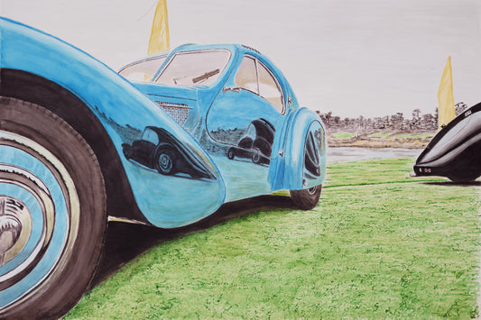 Watercolor painting of two Bugatti Type 57 SC Atlantic Coupes shown at Pebble Beach, with one car reflected across the blue bodywork of the other.