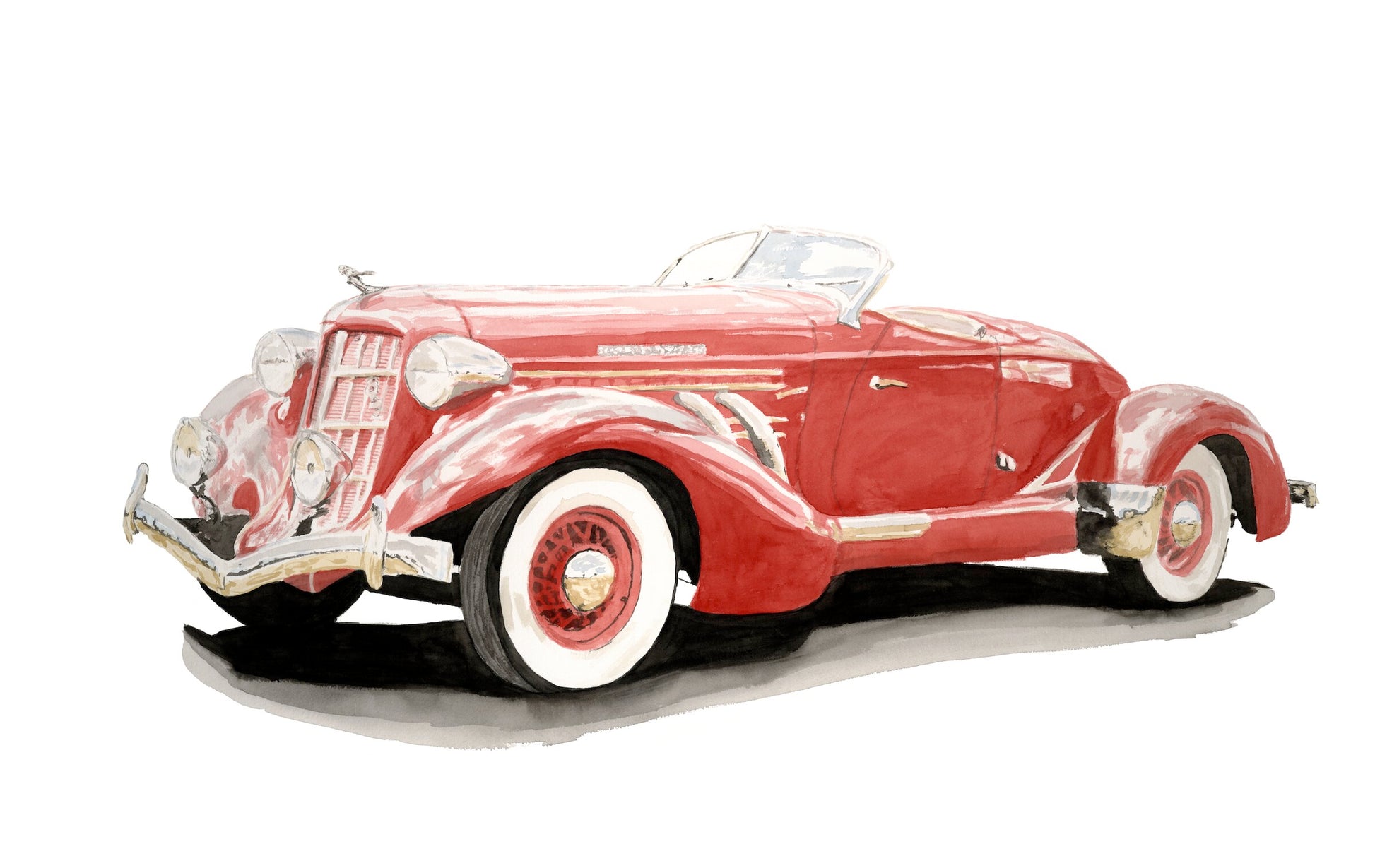 Watercolor painting of a red 1935 Auburn 851 Speedster, featuring whitewall tires, sweeping fenders, chrome details, and classic American styling.