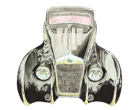 Watercolor painting of a black 1937 Delage D8-120 Aerosport Coupe by Letourneur et Marchand, shown from the front with dramatic prewar coachwork.