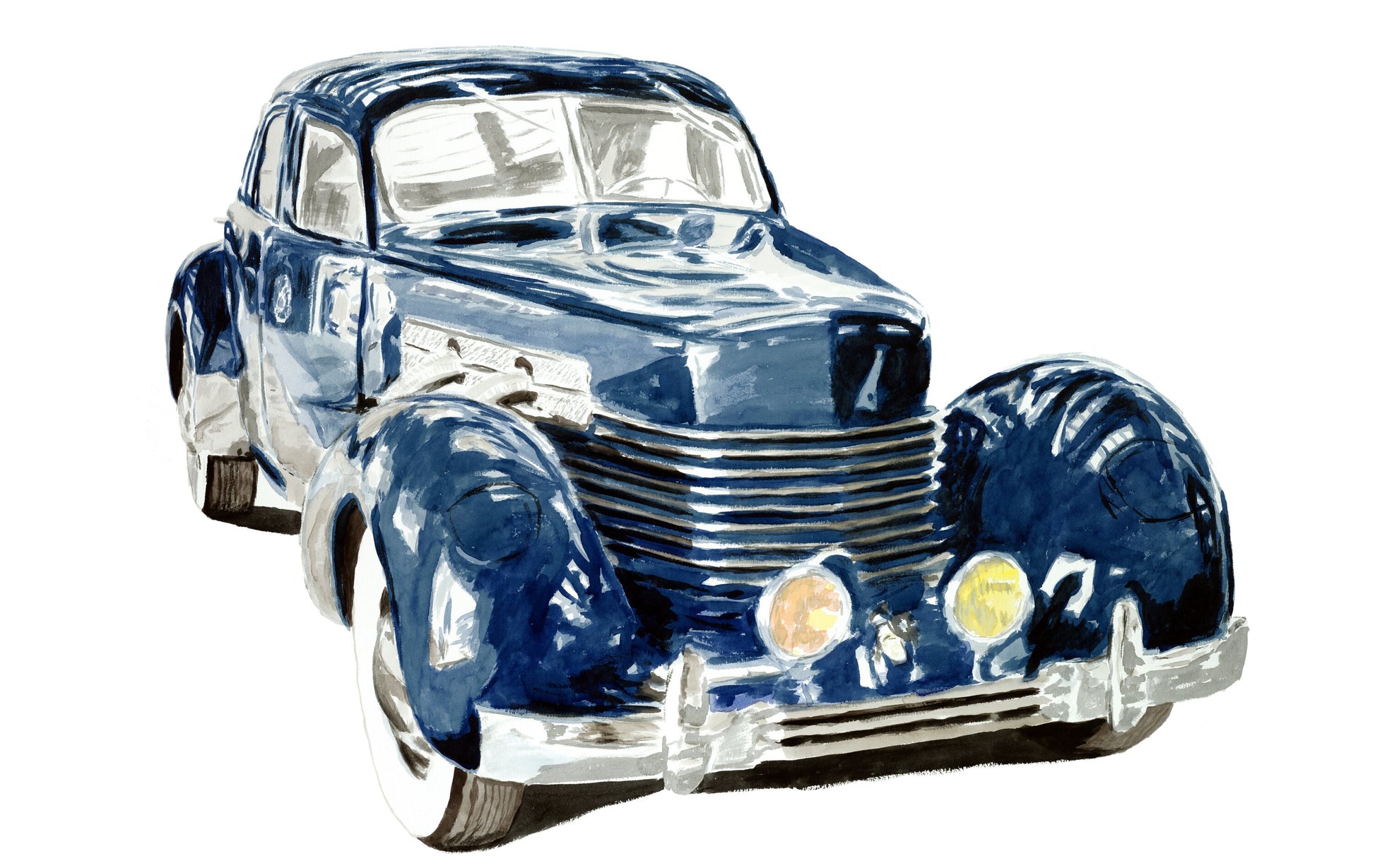 Watercolor painting of a blue 1937 Cord 812 Sedan, featuring rounded fenders, a horizontal grille, chrome bumper, and streamlined American design.