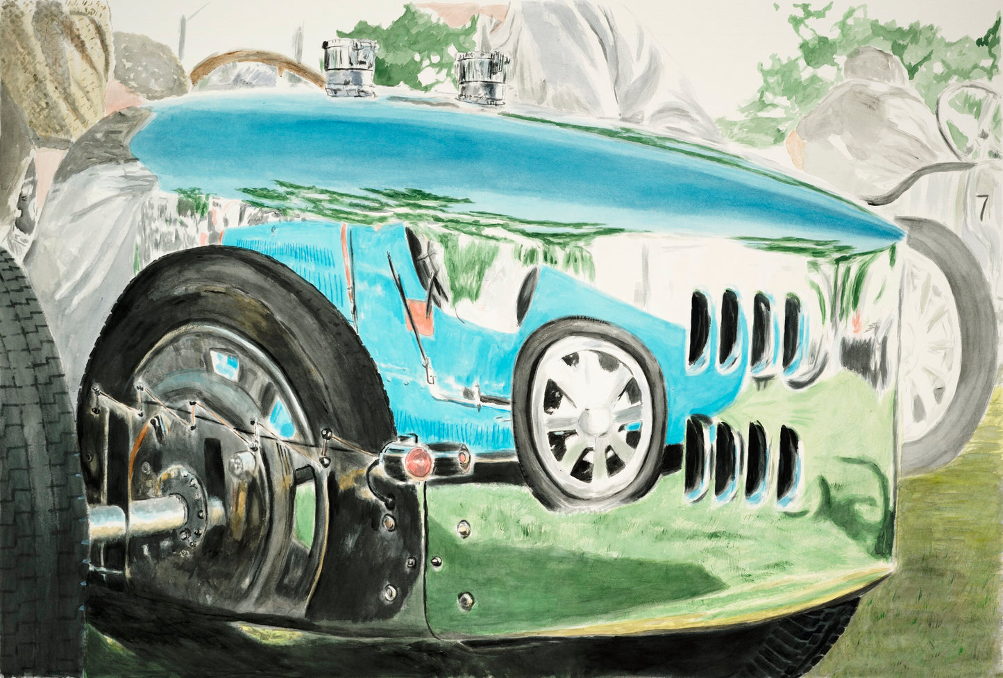 Watercolor painting of a Bugatti reflected in another Bugatti, focusing on polished bodywork, wheels, vents, and layered reflections.