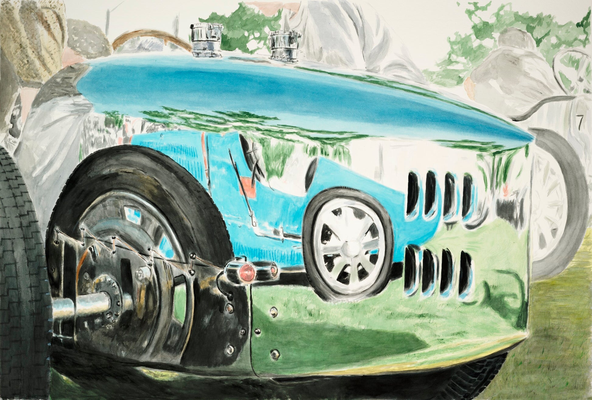 Watercolor painting of a Bugatti reflected in another Bugatti, focusing on polished bodywork, wheels, vents, and layered reflections.
