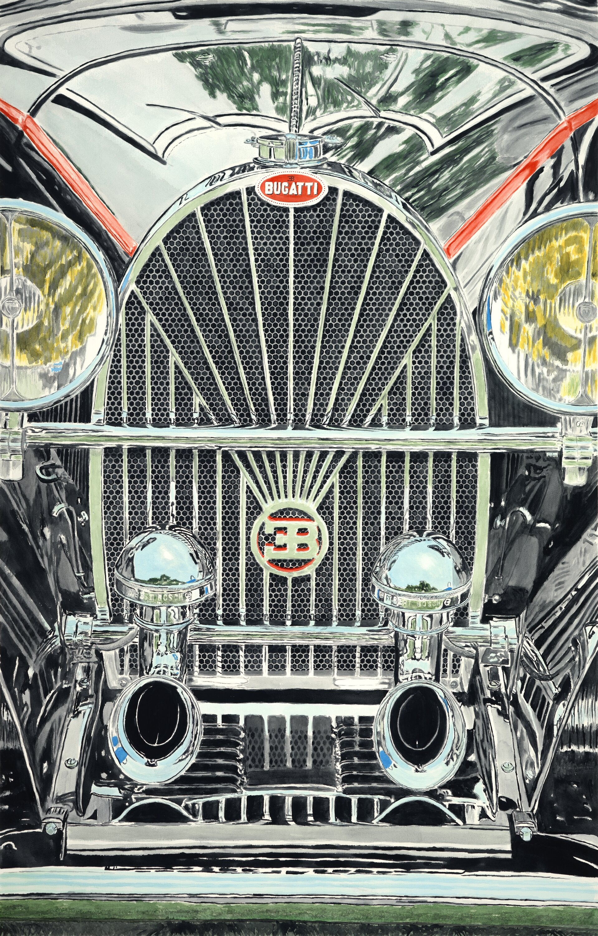 Close-up watercolor painting of a Bugatti Type 57 SC grille, headlights, chrome details, and hood ornament.