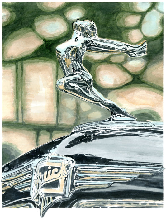 Watercolor painting of a Buick hood ornament and chrome emblem, with soft architectural reflections in the background.