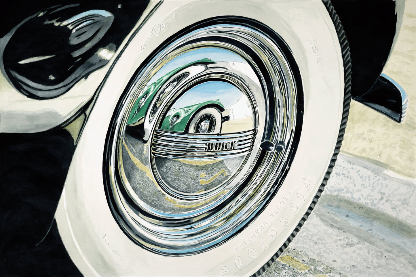 Close-up watercolor painting of a Buick hubcap and whitewall tire, with chrome reflections and classic American automotive detail.