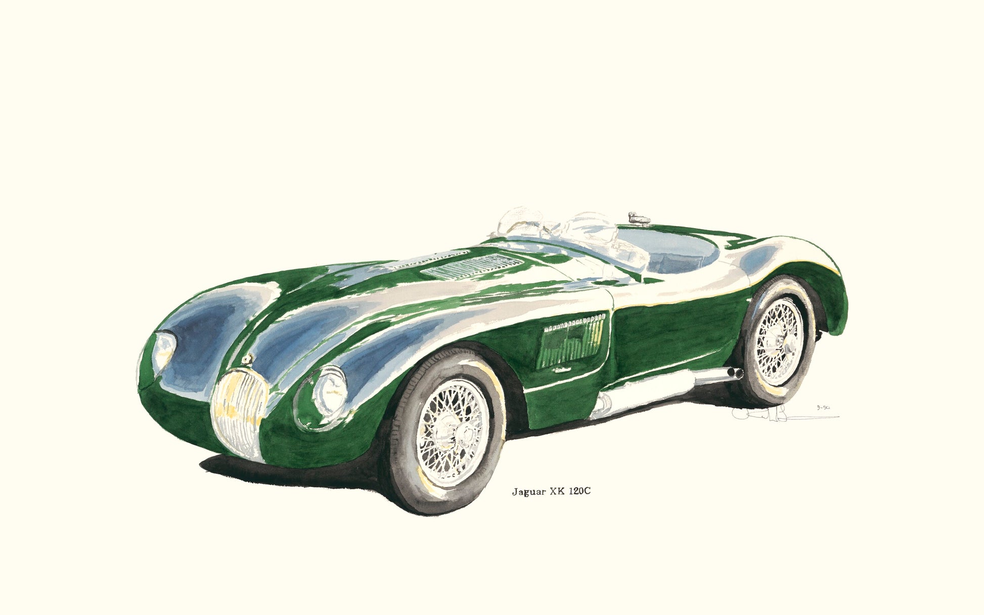 Watercolor painting of a green Jaguar XK120-C / C-Type, with wire wheels, racing bodywork, and British sports car styling.