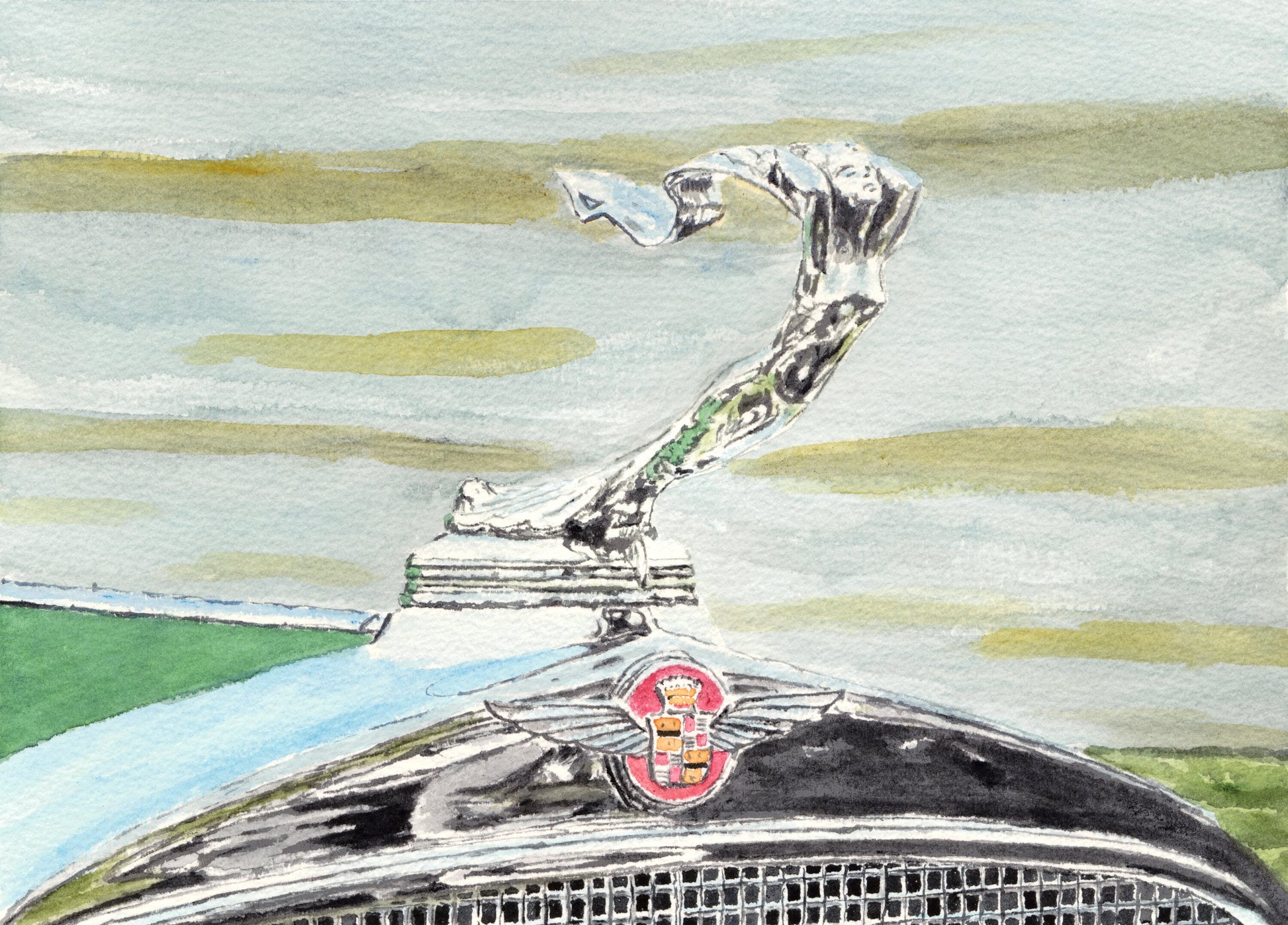 Watercolor painting of a Cadillac hood ornament and crest, shown above the grille with a soft landscape background.