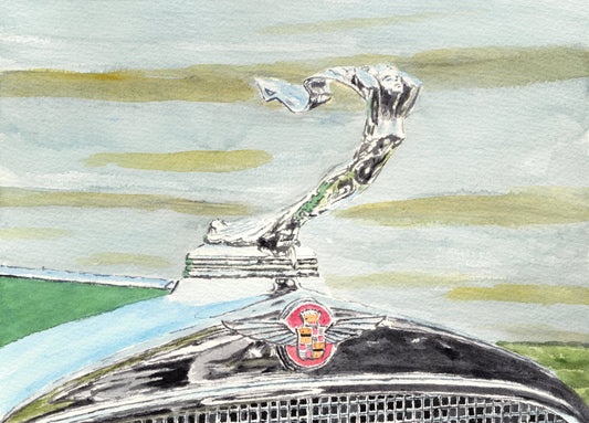 Watercolor painting of a Cadillac hood ornament and crest, shown above the grille with a soft landscape background.